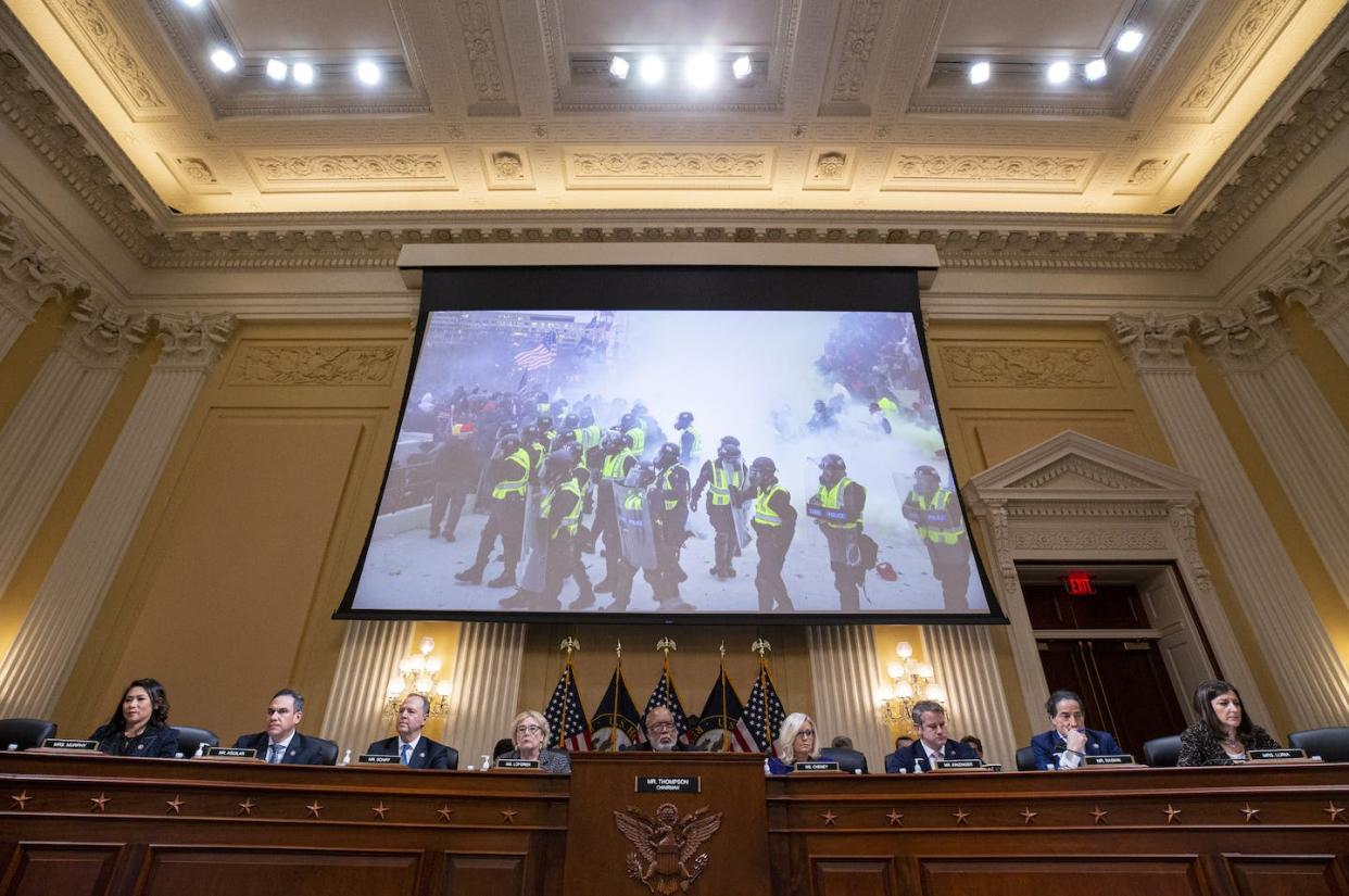 A Dec. 19, 2022 meeting of the Select Committee to Investigate the January 6th Attack on the U.S. Capitol, in Washington, DC. <a href="https://www.gettyimages.com/detail/news-photo/an-image-is-displayed-on-a-screen-during-a-meeting-of-the-news-photo/1245732523?phrase=House%20January%206%20committee&adppopup=true" rel="nofollow noopener" target="_blank" data-ylk="slk:Getty Images;elm:context_link;itc:0;sec:content-canvas" class="link ">Getty Images</a>