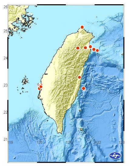 台南近海昨12時48分至19時13分，發生5次地震。（圖／翻攝自中央氣象局網站）