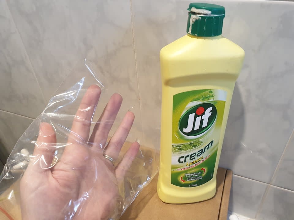 shower cleaning hack plastic bag and jif