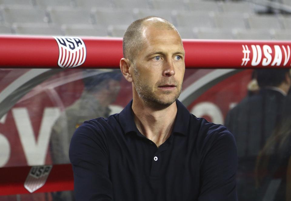 United States head coach Gregg Berhalter pauses prior to the first half of a men's international friendly soccer match against Panama, Sunday, Jan. 27, 2019, in Phoenix. (AP Photo/Ross D. Franklin)