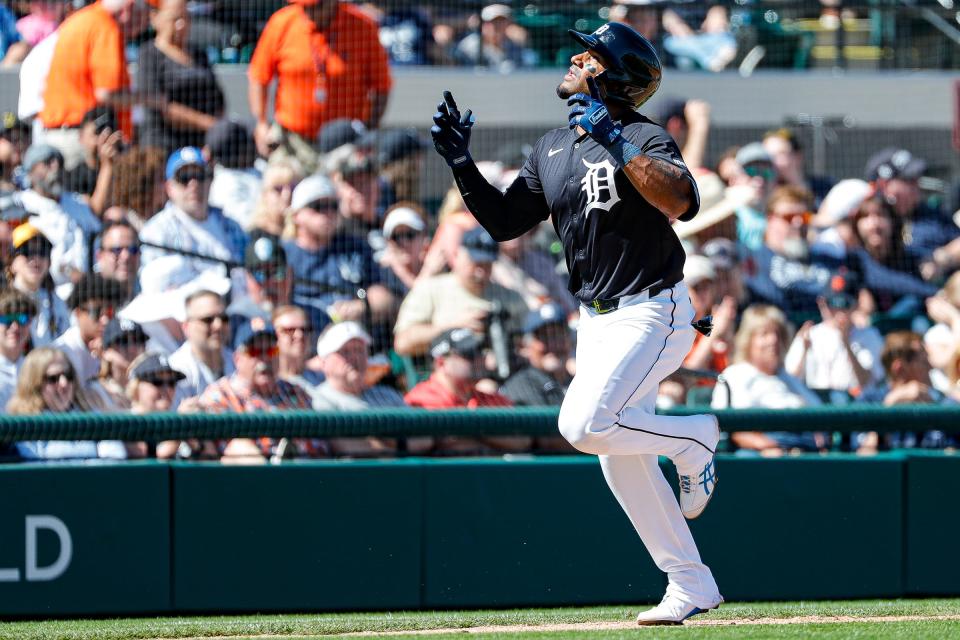 Tigers third baseman Andy Ibáñez celebrates a two-run home run against the Yankees during the second inning of the Grapefruit League season opener at Joker Marchant Stadium in Lakeland, Florida, on Saturday, Feb. 24, 2024.