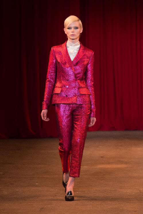 In this photo provided by Christian Siriano a model walks the runway during the Christian Siriano Fall 2013 fashion show during Fashion Week, Saturday, Feb. 9 2013, in New York. (AP Photo/Christian Siriano)