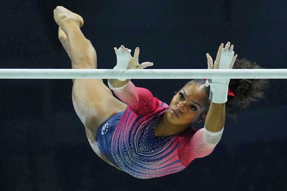 Shilese Jones competes on the uneven bars during the Women's All-Around Final.