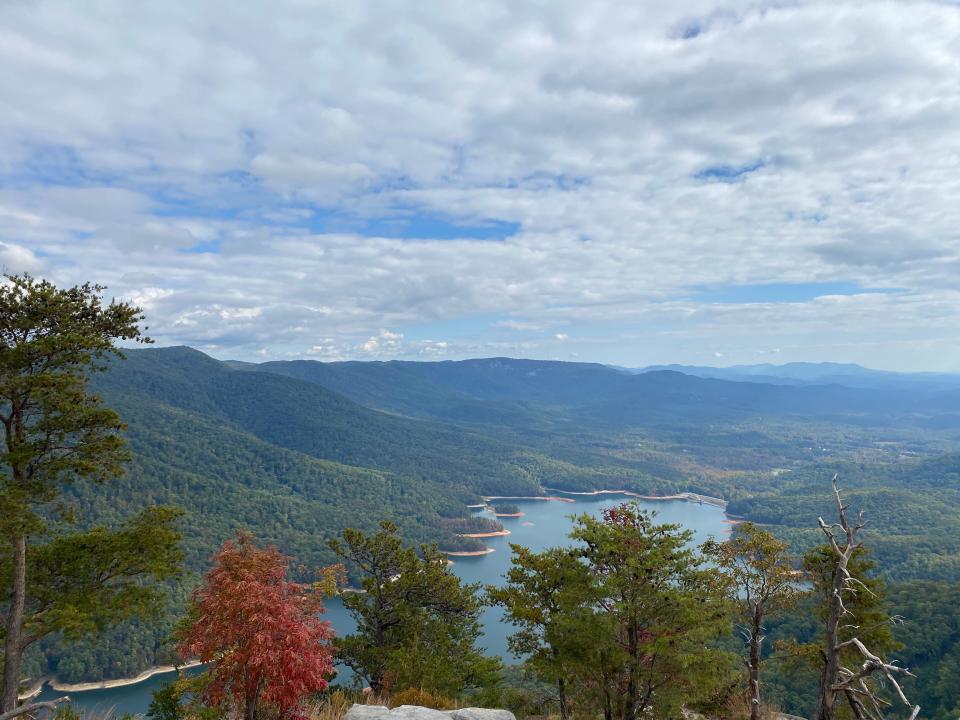 The view of trees and a lake from the top of a mountain.