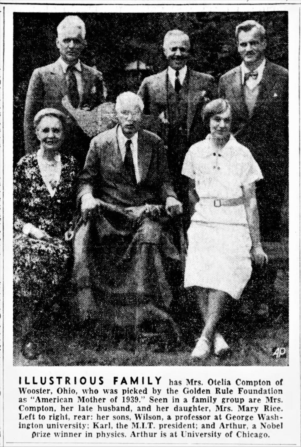 A photo of the full Compton family. (Front left to right) Otelia Compton, Elias Compton and Mary Rice. (Back left to right) Wilson Compton, Karl Compton and Arthur Compton.
