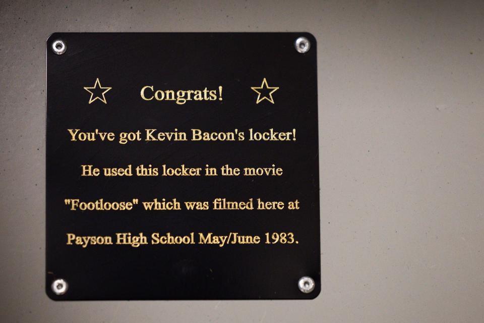 A sign inside actor Kevin Bacon’s character Ren McCormack’s locker from the film “Footlose” is pictured at Payson High School in Payson on Wednesday, Feb. 14, 2024. The locker has now been memorialized and students are trying to get Bacon to come to their prom as part of the 40th anniversary of the film, which filmed many of the scenes at the school. | Megan Nielsen, Deseret News