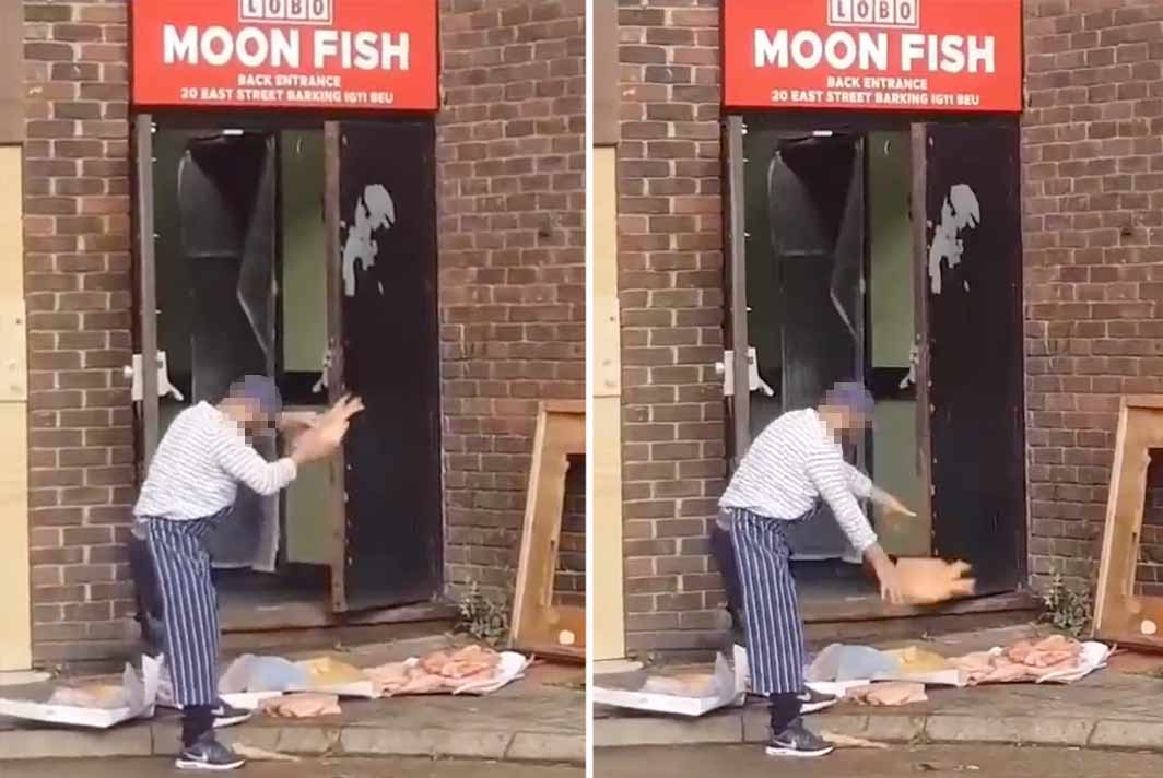 The man is seen slamming seafood onto the floor while outside Moon Fish in East London. (London & UK Street News.)