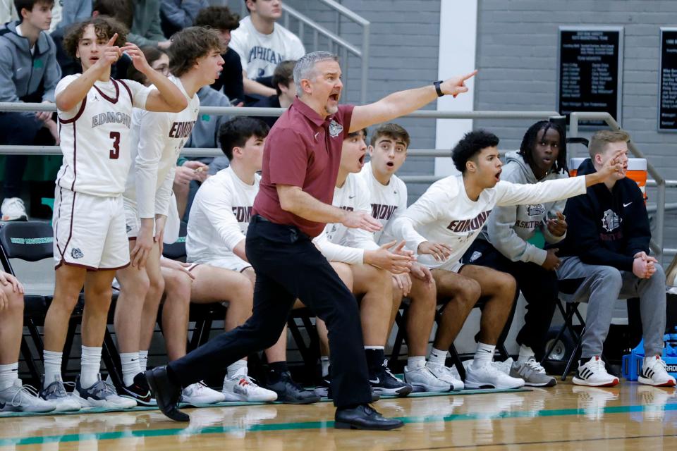 Edmond Memorial coach Shane Cowherd shouts during the Bishop McGuinness Classic basketball tournament in Oklahoma City, Saturday, Jan. 6, 2024.