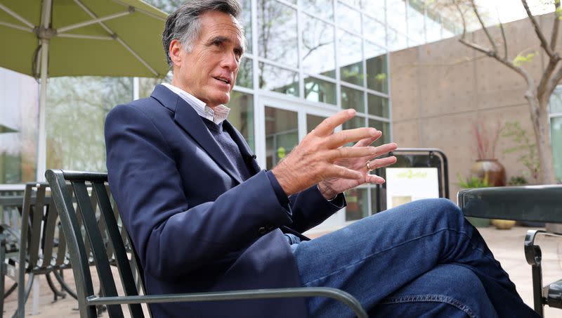 Sen. Mitt Romney, R-Utah, talks to members of the media after a roundtable discussion about the Jordan River Watershed and the Great Salt Lake at the Jordan Valley Water Conservancy District in West Jordan on Friday, May 5, 2023.