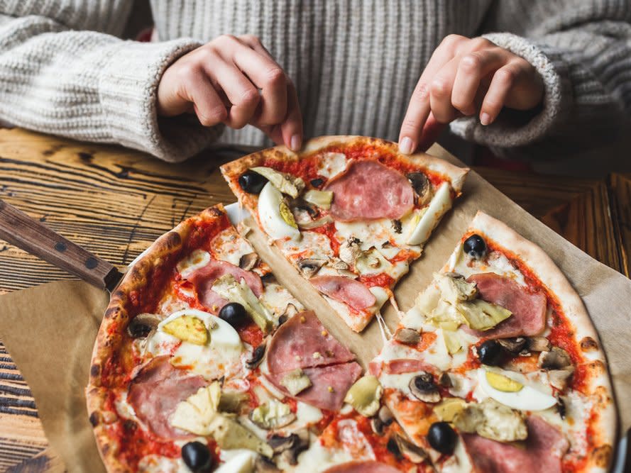 pizza with ham and vegetables