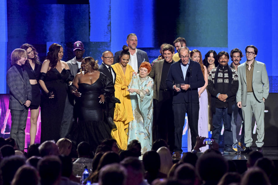 Whitney Rice, Maria Russell, Ishmel Sahid, Rashida Olayiwola, Ron Song, Cassandra Blair, Ross Kimball, Susan Berger, James Marsden, Alan Barinholtz, Trisha LaFache, Ben Seaward and Mekki Leeper and the cast of “Jury Duty” accept the award for Best Ensemble Cast in a New Scripted Series for “Jury Duty” onstage at the 2024 Film Independent Spirit Awards held at the Santa Monica Pier on February 25, 2024 in Santa Monica, California.