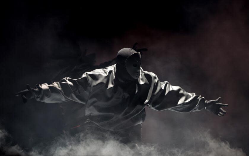 INGLEWOOD, CALIFORNIA - MARCH 14: Rapper Kanye West performs onstage during the "Vultures 1" playback concert during Rolling Loud 2024 the at Hollywood Park Grounds on March 14, 2024 in Inglewood. (Wally Skalij/Los Angeles Times)