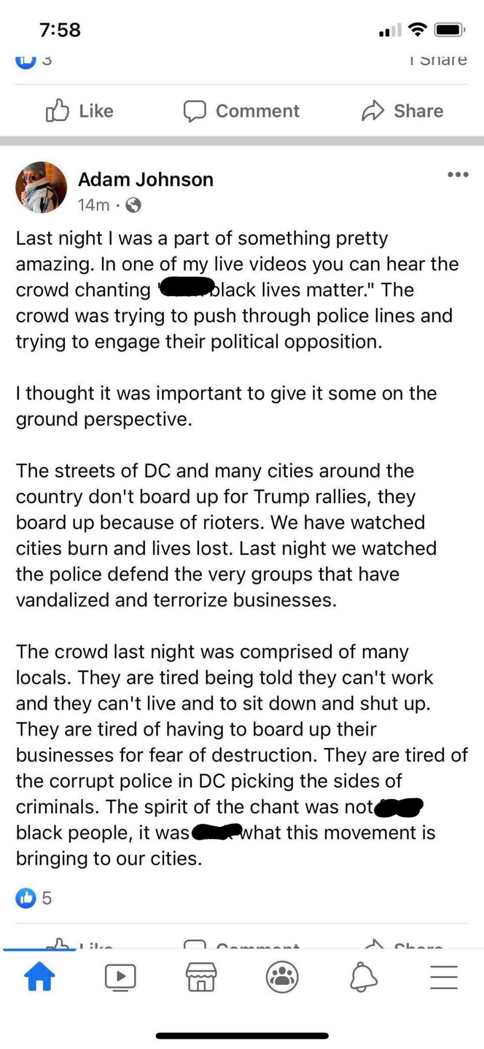 Adam Johnson of Parrish disparaged law enforcement and the Black Lives Matter movement hours before participating in a violent riot at the U.S. Capitol in this Facebook post provided to the Bradenton Herald. Screenshot from Facebook provided to the Bradenton Herald