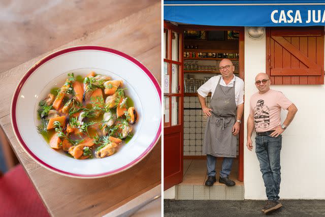 <p>Ambroise Tézenas</p> From left: A mussel-and-sweet potato soup at Cheri Bibi, in Biarritz; Casa Juan Pedro, a classic Basque-style fish restaurant in Biarritz, is owned by twin brothers Jean and Paul.