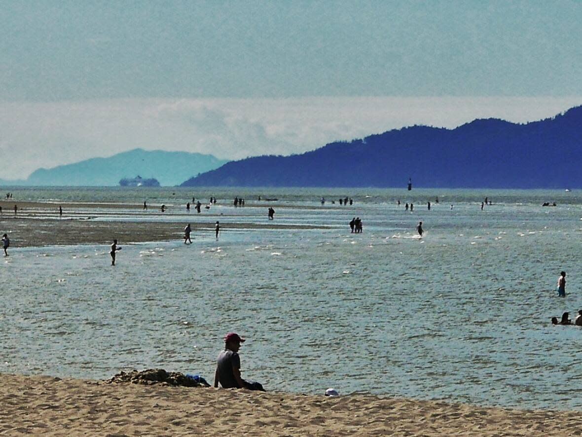 Beachgoers are seen enjoying Spanish Banks on a sunny day. On Sunday, the Vancouver Park Board warned visitors to Spanish Banks West and Sunset Beach to be careful in the water, as a staff shortage meant those beaches were not protected by lifeguards. (Christer Waara/CBC - image credit)