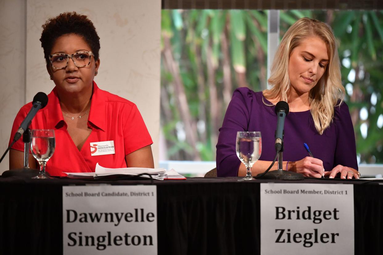 Sarasota County School Board candidates for District 1: Dawnyelle Singleton, left, and incumbent Bridget Ziegler participate in a panel discussion at a Tiger Bay Club luncheon in Sarasota in June.