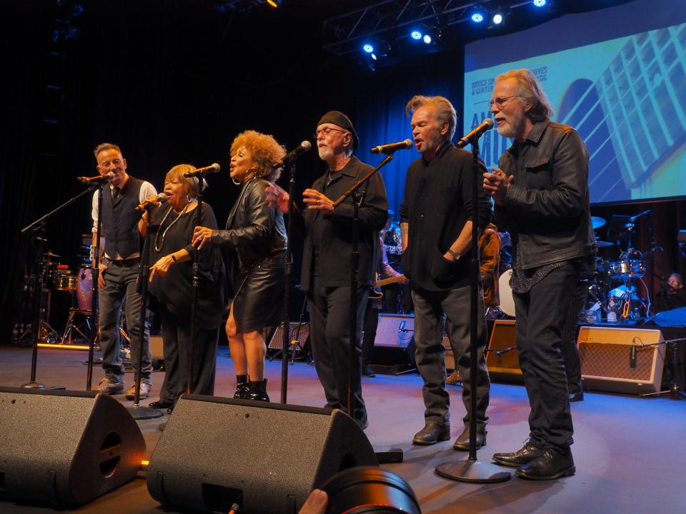 Bruce Springsteen (left to right), Mavis Staples, Darlene Love, Dion, John Mellencamp and Jackson Browne perform April 24 at the Bruce Springsteen Archives and Center for American Music Honors at the Pollak Theatre on the campus of Monmouth University in West Long Branch.