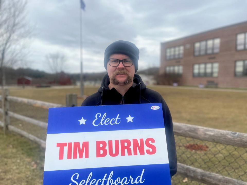 Tim Burns stood outside the polling place at Bellows Free Academy in Fairfax from 7 a.m. to 7 p.m. in his second attempt to be elected to the Selectboard, as seen on March 5, 2024.