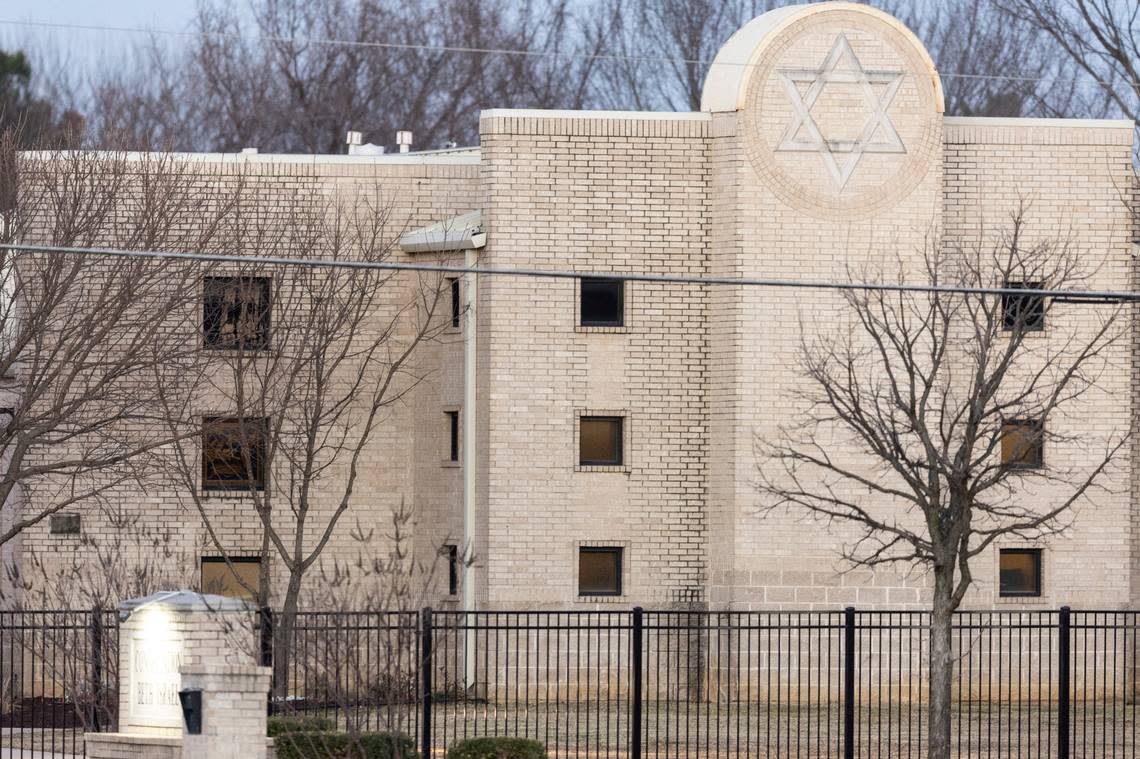 FILE - The Congregation Beth Israel synagogue is shown, Jan. 16, 2022, in Colleyville, Texas. A rabbi and three members of the congregation were held hostage by a gunman inside the synagogue on Jan. 15, 2022.