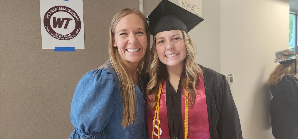 Jessica Lee Merrell (right) and her mom Saturday at the WT Commencement Ceremony in Canyon.