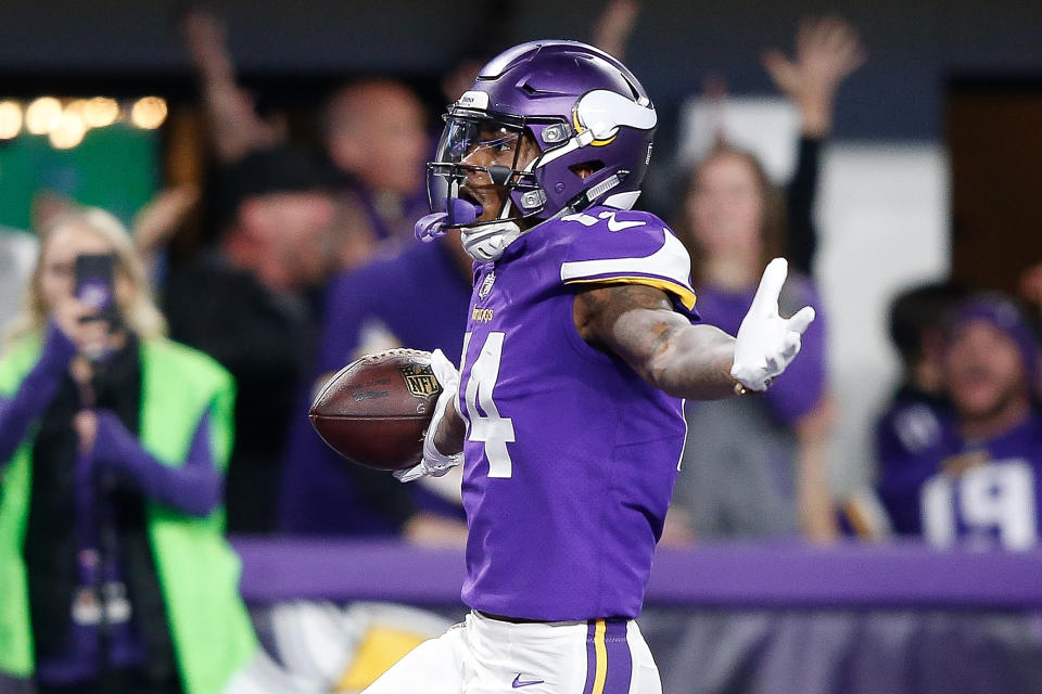 Stefon Diggs celebrates after scoring the game-winning touchdown in the Minnesota Vikings’ win over the New Orleans Saints in the NFC Divisional Round. (Getty)