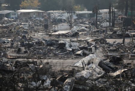 The remains of a mobile home park where fatalities took place when it was destroyed in wildfire are seen in Santa Rosa. REUTERS/Jim Urquhart