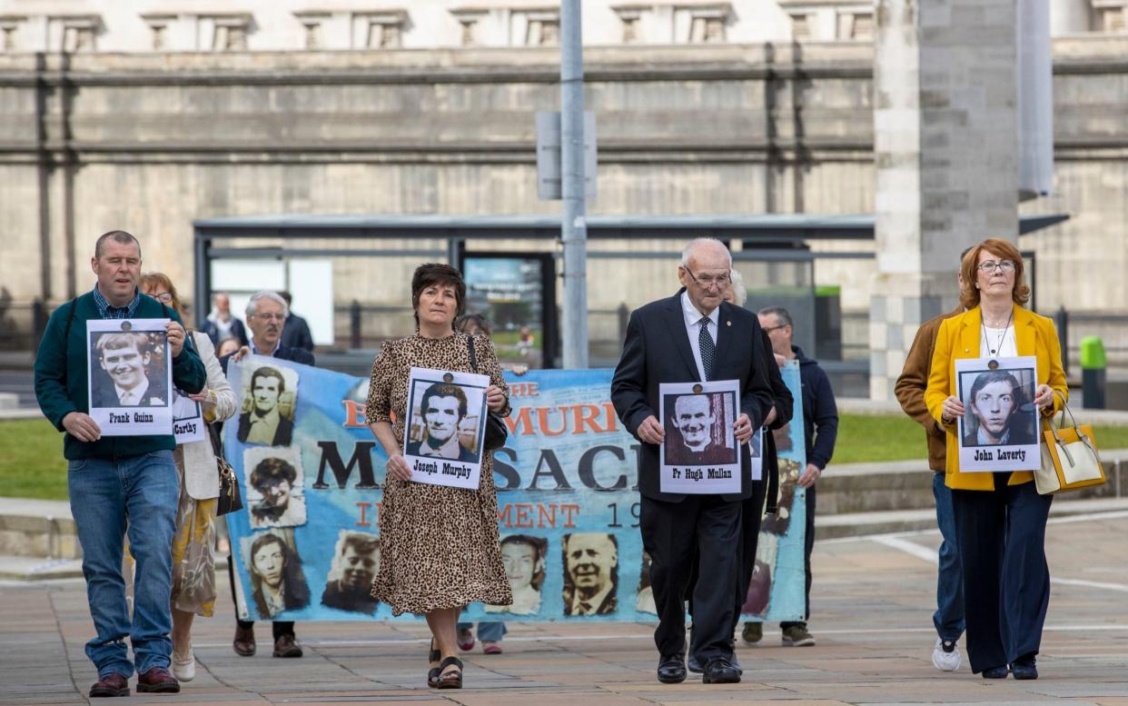 Families of people who were killed at Ballymurphy arrive the International Convention Centre (ICC) in Belfast where the Nightingale Lagan court is sitting - Liam McBurney/PA