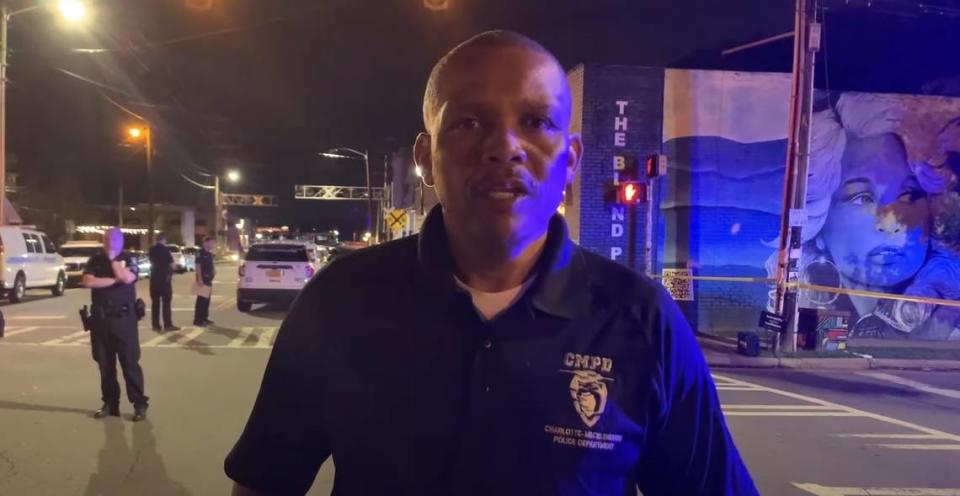 Johnny Jennings, chief of Charlotte-Mecklenburg Police, discusses recent shootings involving his officers at a crime scene in the NoDa neighborhood of Charlotte, NC, on Tuesday, June 28, 2022.