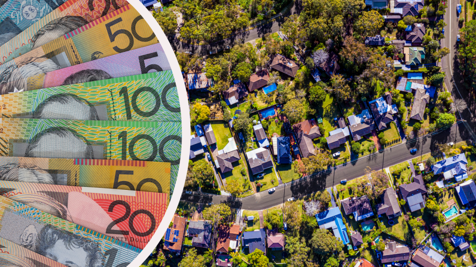 Australian currency fanned out and an aerial shot of an Australian suburb.