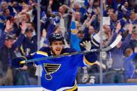 May 21, 2019; St. Louis, MO, USA; St. Louis Blues center Brayden Schenn (10) celebrates after scoring against the San Jose Sharks during the second period in game six of the Western Conference Final of the 2019 Stanley Cup Playoffs at Enterprise Center. Mandatory Credit: Jeff Curry-USA TODAY Sports