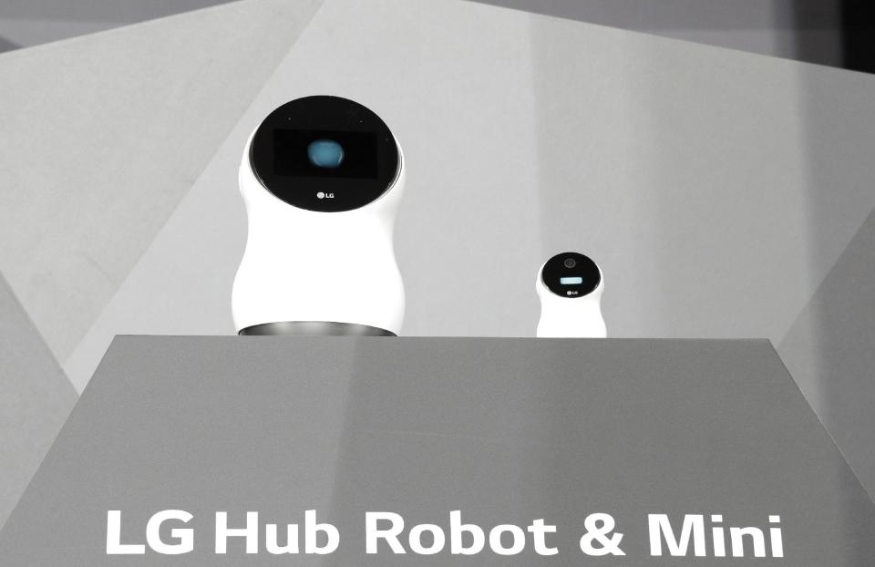 The LG Hub Robot & Mini are unveiled during an LG news conference before CES International, Wednesday, Jan. 4, 2017, in Las Vegas. (AP Photo/John Locher)