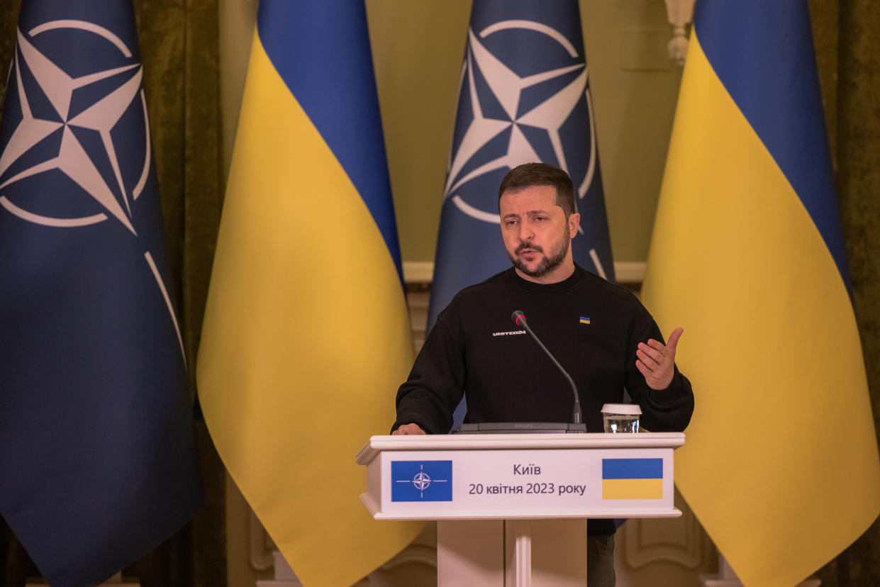 Ukrainian president Volodymyr Zelensky speaks during his joint press conference with Secretary General of Nato Jens Stoltenberg on 20 April 2023 in Kyiv, Ukraine (Getty Images)