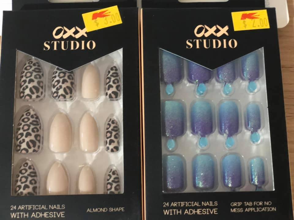 Kmart's $4 OXX fake nails in leopard print and beige and blue ombre