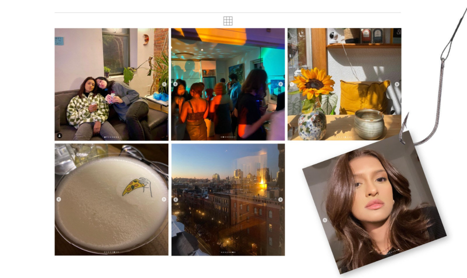 a collage of someone's instagram feed: friends sitting on a couch, a party at night, a kitchen table with floewrs, a white plate, a sunset city landscape, and a selfie of a young woman