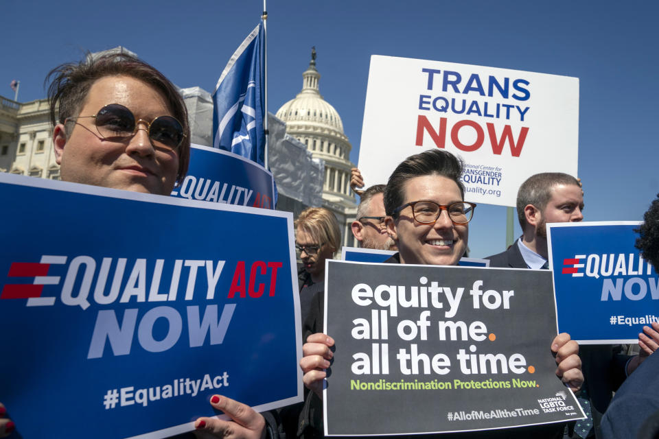 Advocates for the The Equality Act gather on Capitol Hill the day before the House Judiciary Committee holds a hearing on the legislation on Monday, April 1, 2019. (AP Photo/J. Scott Applewhite)