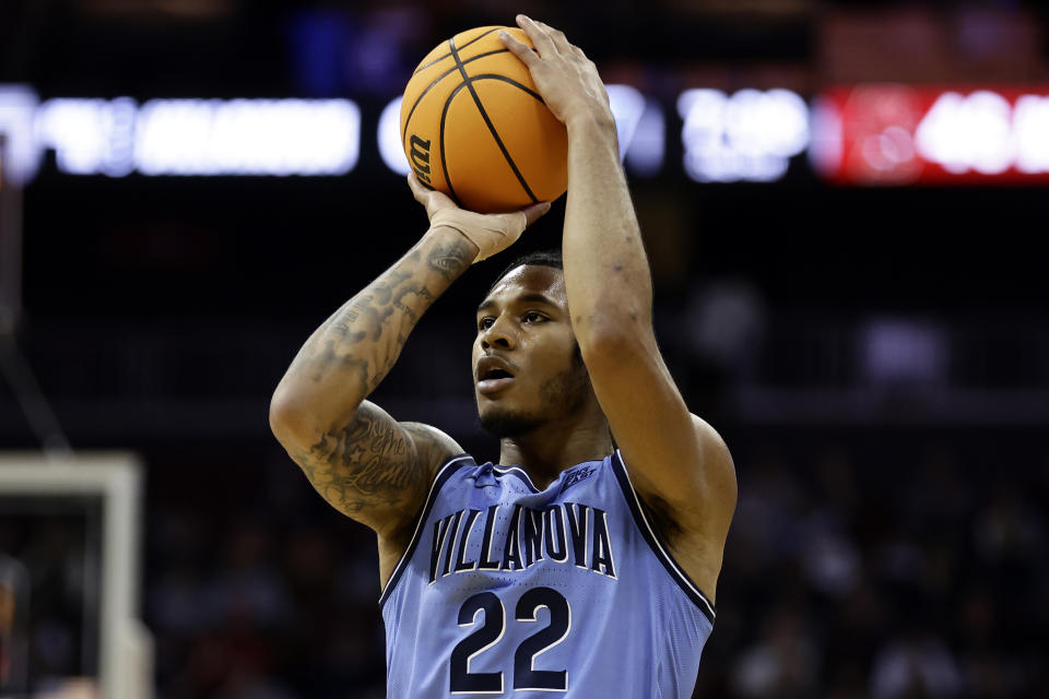 Villanova forward Cam Whitmore looks to shoot against Boston College during the second half of an NCAA college basketball game Saturday, Dec. 10, 2022, in Newark, N.J. (AP Photo/Adam Hunger)