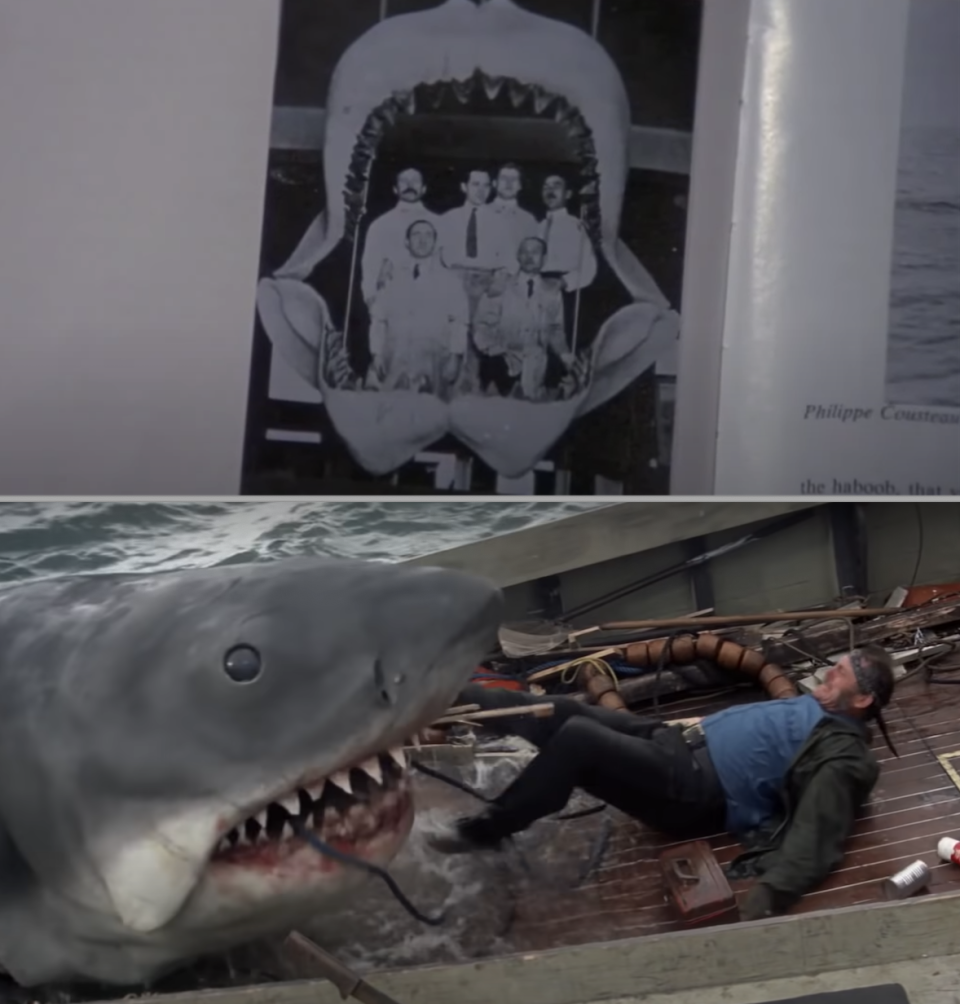 Bruce, the shark, attacking someone in a boat