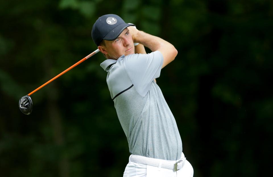 GREENSBORO, NORTH CAROLINA - AUGUST 03: Jordan Spieth hits a tee shot on the second hole during the third round of the Wyndham Championship at Sedgefield Country Club on August 03, 2019 in Greensboro, North Carolina. (Photo by Tyler Lecka/Getty Images)