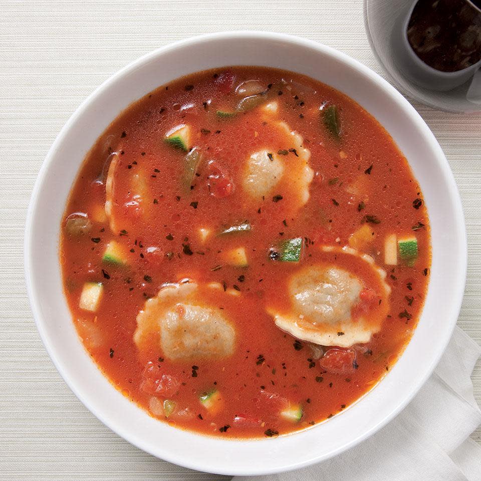 <p>Fresh or frozen ravioli cook in minutes and turn this light vegetable soup into a main course. Look for whole-wheat or whole-grain ravioli in the refrigerated or frozen section of the supermarket. Tortellini can be used instead of ravioli as well. Recipe by Nancy Baggett for EatingWell. <a href="https://www.eatingwell.com/recipe/252455/ravioli-vegetable-soup/" rel="nofollow noopener" target="_blank" data-ylk="slk:View Recipe" class="link ">View Recipe</a></p>