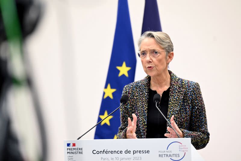 France's Prime Minister Elisabeth Borne attends a press conference to present the government's plan for a pension reform in Paris