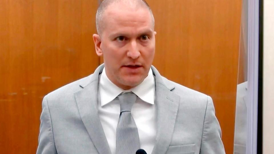 PHOTO:  In this June 25, 2021, file image taken from video, former Minneapolis police officer Derek Chauvin addresses the court at the Hennepin County Courthouse, in Minneapolis.  (Court TV via AP, FILE)