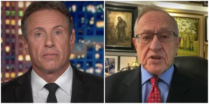 A side-by-side collage of head-and-shoulders views of Chris Cuomo (left) and Alan Dershowitz (right) on air.
