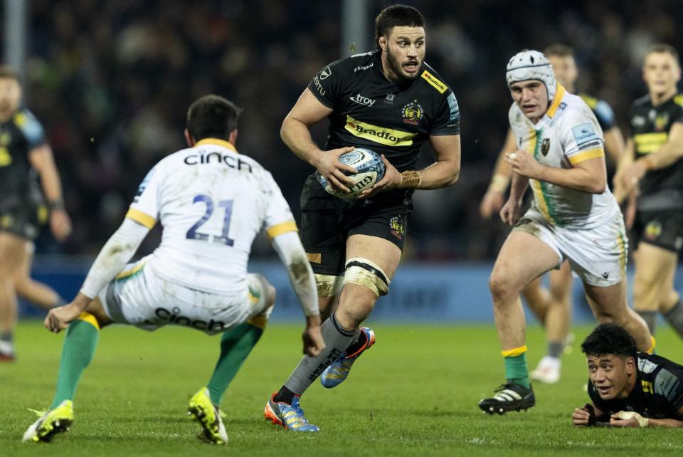Ethan Roots in action during the Gallagher Premiership rugby match between Exeter Chiefs and Northampton Saints