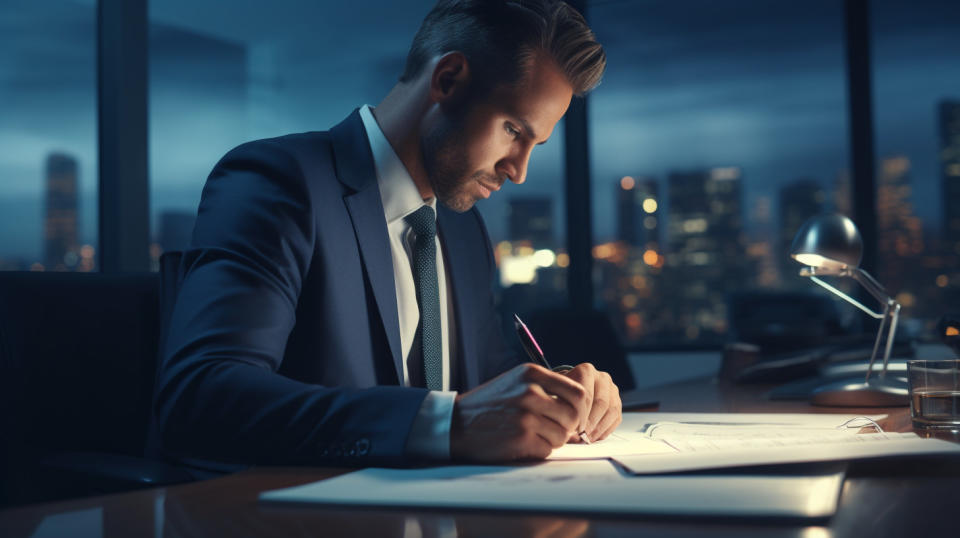 A young corporate executive drawing up a contract at the conference table.