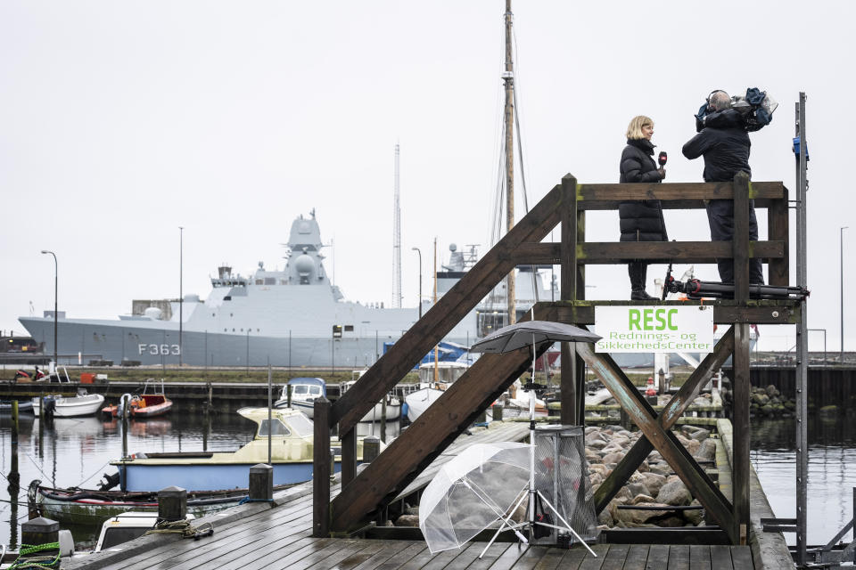 The Danish naval frigate Niels Juel is docked in Korsoer, Denmark, on Thursday, April 4, 2024. A technical error on a navy missile Thursday spurred Danish authorities to issue a warning, saying there was a risk the missile could launch unintentionally — but not explode — resulting in fragments falling in Denmark waters. (Emil Nicolai Helms/Ritzau Scanpix via AP)