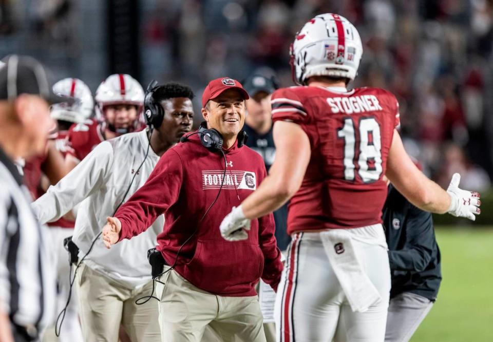 South Carolina Gamecocks tight end Austin Stogner (18) celebrates a touchdown with head coach Shane Beamer at Williams-Brice Stadium in Columbia, SC on Thursday, Sept. 29, 2022.