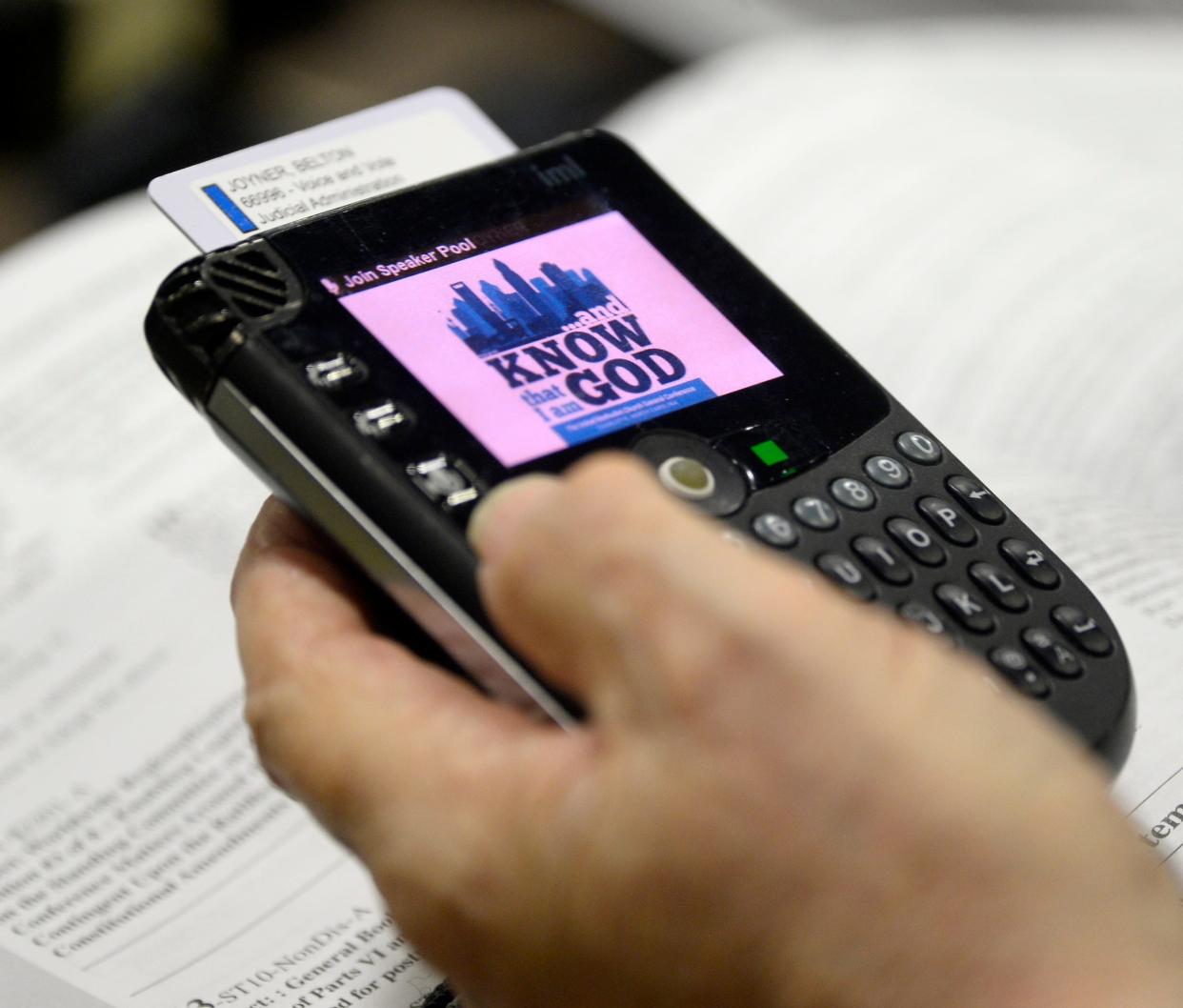 This is the UMC General Conference at the Charlotte Convention Center on April 30, 2024. These are devices the delegates use to vote on.