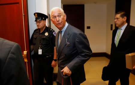 U.S. political consultant Roger Stone, a longtime ally of President Donald Trump, arrives to appear before a closed House Intelligence Committee investigating Russian interference in the 2016 U.S. presidential election at the U.S. Capitol in Washington, U.S., September 26, 2017. REUTERS/Kevin Lamarque