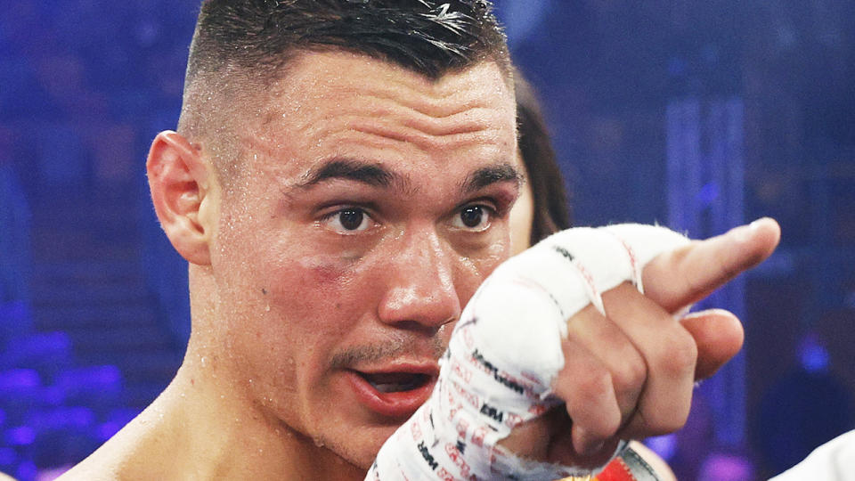 Tim Tszyu called out his world championship rivals after defeating Steve Sparks on Wednesday night. (Photo by Mark Evans/Getty Images)