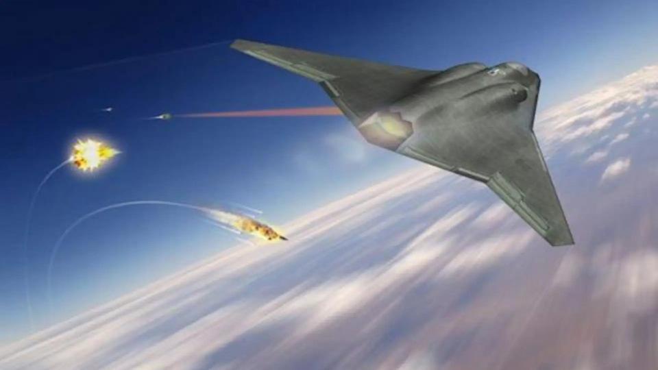 A Northrop Grumman rendering of a notional sixth-generation stealth fighter concept using a laser to down an incoming threat. <em>Northrop Grumman</em>